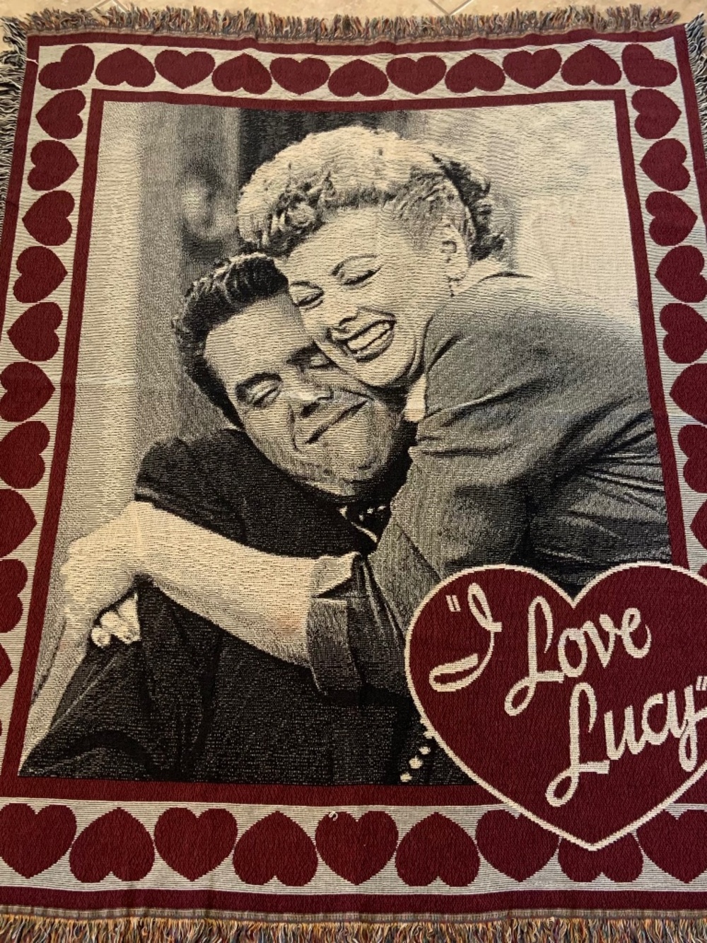 VTG I Love Lucy Lucille Ball Lucy Ricky Graphic Tapestry Woven Afghan 50" x 60"